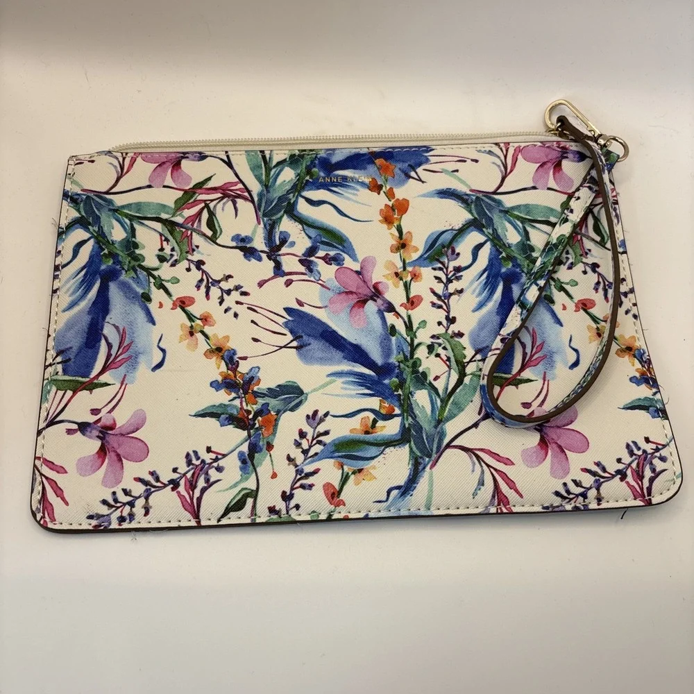 Anne Klein Colorful Watercolor Floral Wristlet Purse Bag Gold Hardware 10.5x7.5